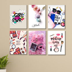 Set Of 6 Make Up Themed Girls Room Decore Wall Art Wooden Sticky Phototile Frames