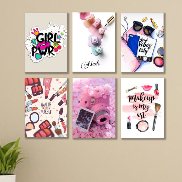 Set Of 6 Make Up Themed Girls Room Decore Wall Art Wooden Sticky Phototile Frames